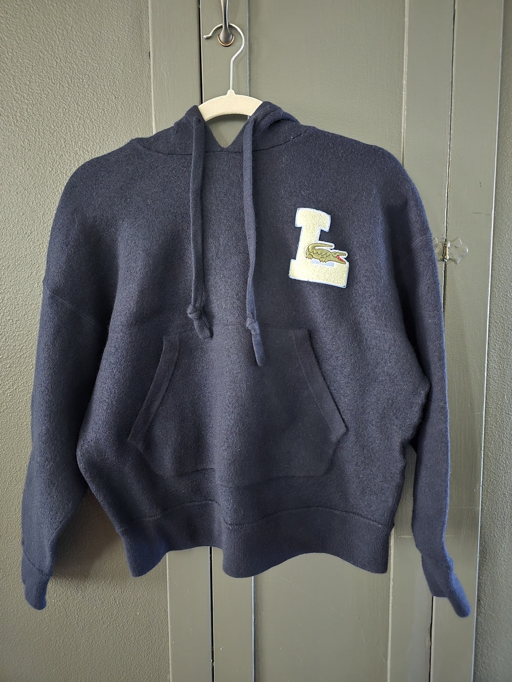 Lacoste Navy Logo Patch Hooded Sweatshirt. Wool/Cotton
